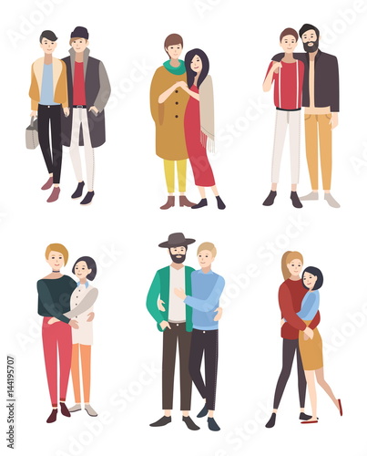 Gay couples flat colorful illustration. LGBT men and women in love.