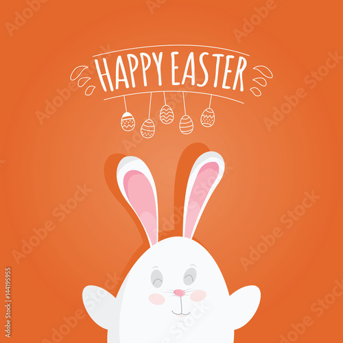 Modern vector illustration of Colorful Happy Easter with eggs and rabbits