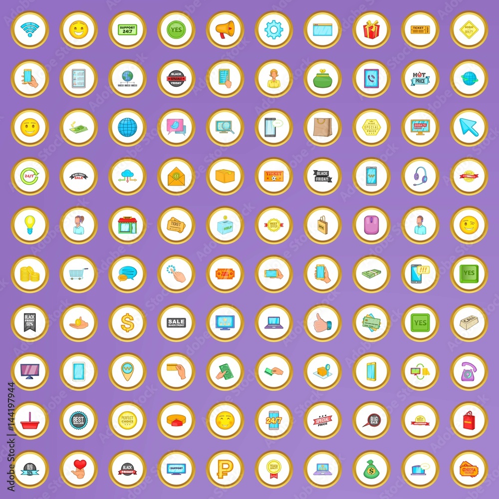 100 internet shop icons set in cartoon style 100 internet shop icons set in cartoon style