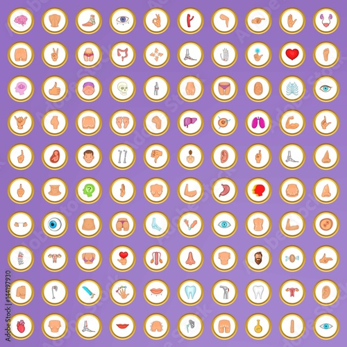 100 human body icons set in cartoon style