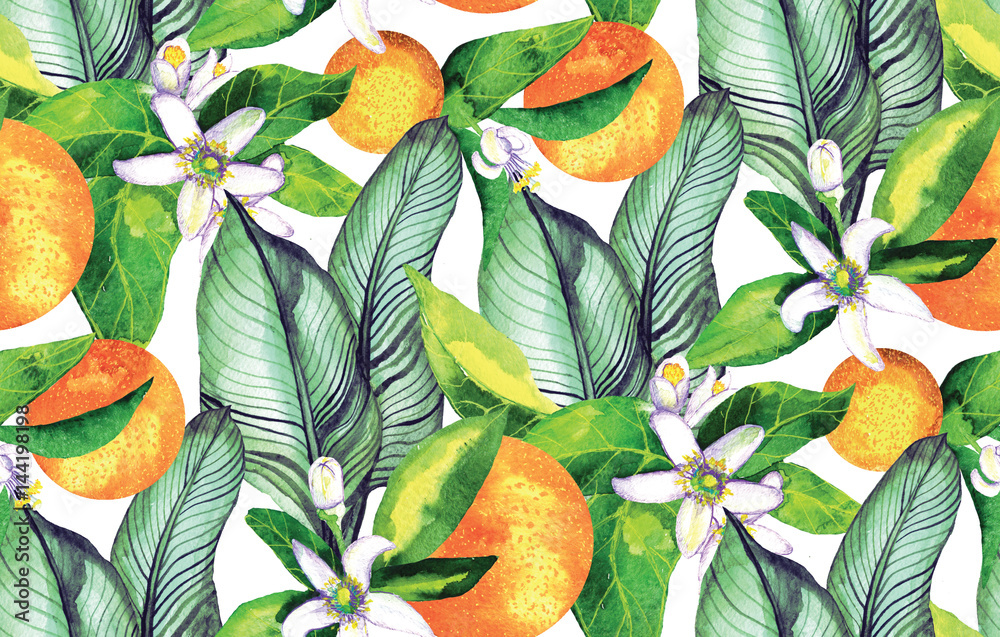 Fototapeta Seamless pattern. Blooming orange. Flowers neroli. watercolor orange. Tropical Pattern