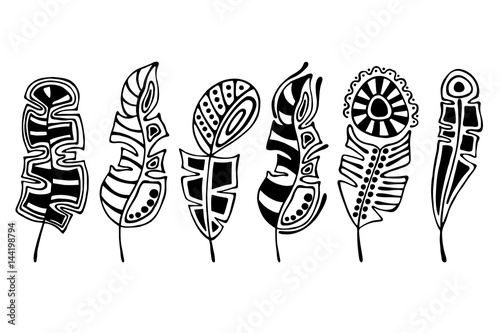 Vector set of hand drawn illustration, decorative ornamental stylized feather. Black and white graphic illustration isolated on the white background. Inc drawing silhouette.