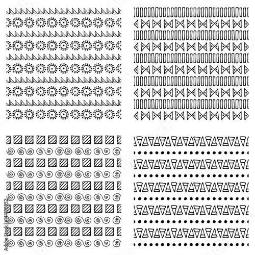 Set of seamless vector patterns. Black and white geometrical endless backgrounds with hand drawn geometric shapes, triangles, circles, dots, lines, Tribal graphic design. Repeat decorative ornament.
