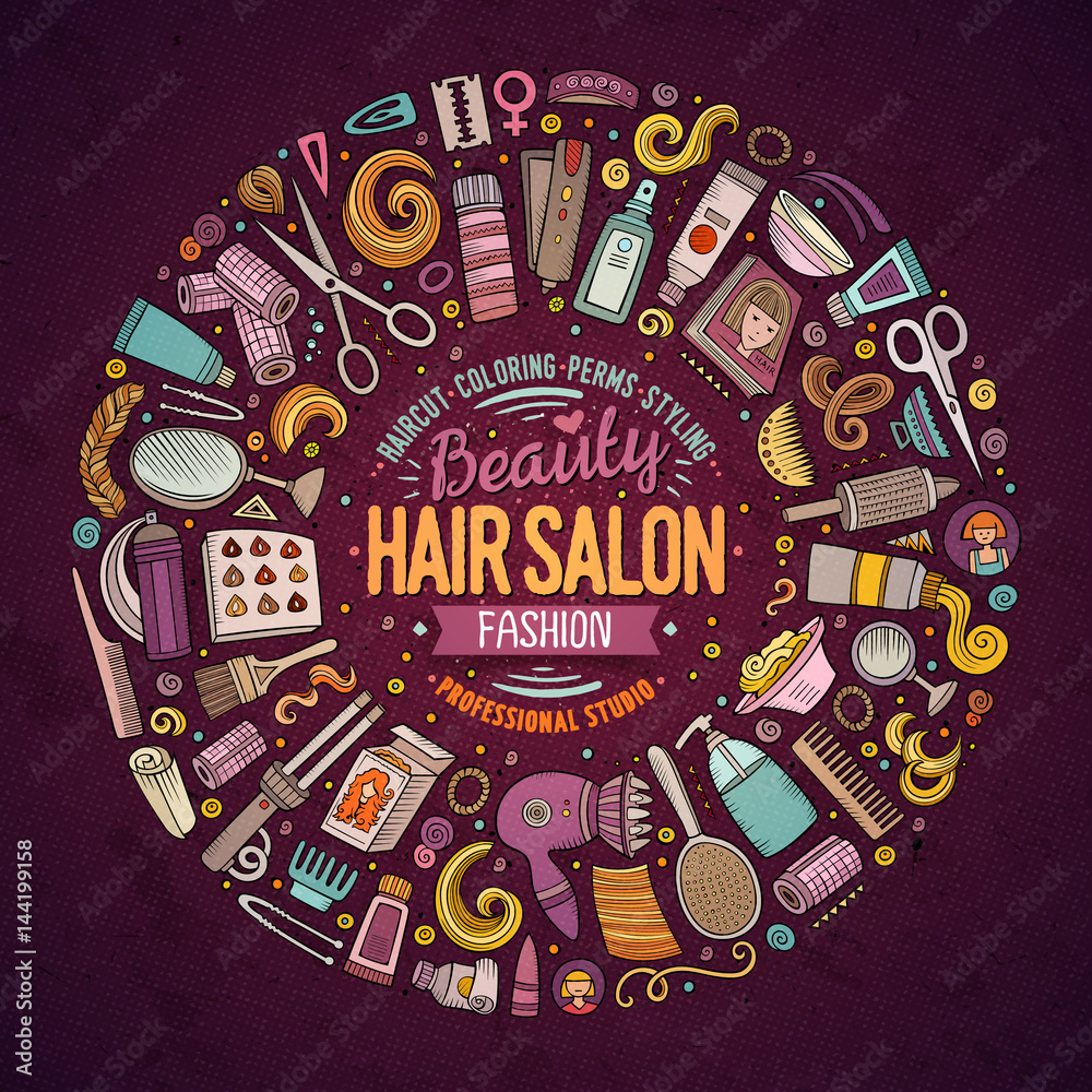 Vector set of Hair salon cartoon doodle objects