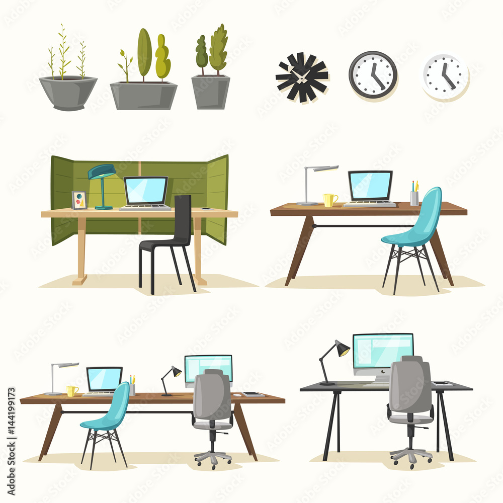 Fototapeta premium Set of office tables. Cartoon vector illustration.