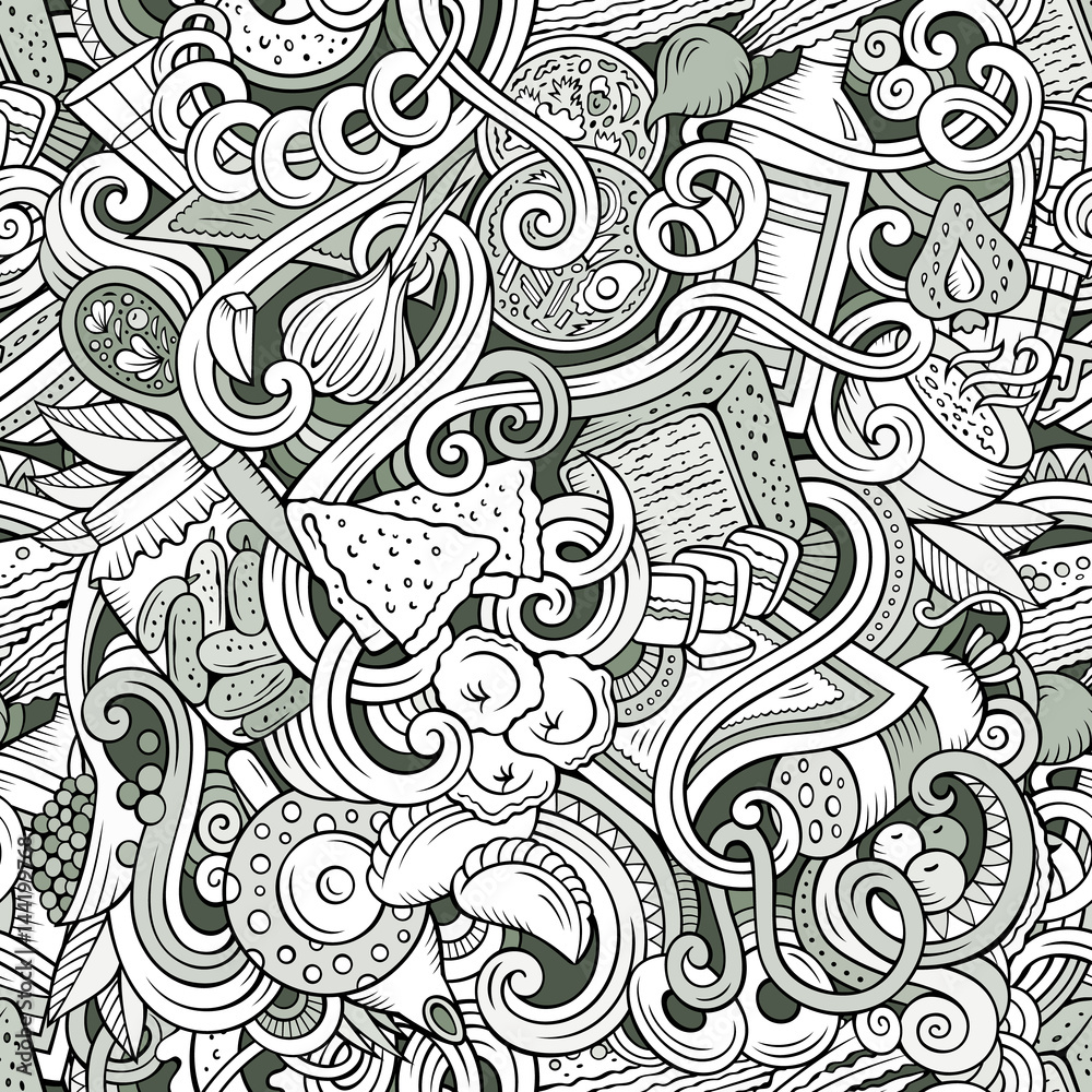 Cartoon doodles Russian food seamless pattern