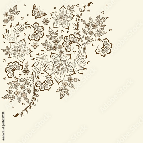 Vector illustration of mehndi ornament. Traditional indian style, ornamental floral elements for henna tattoo, stickers, mehndi and yoga design, cards and prints. Abstract floral vector illustration.