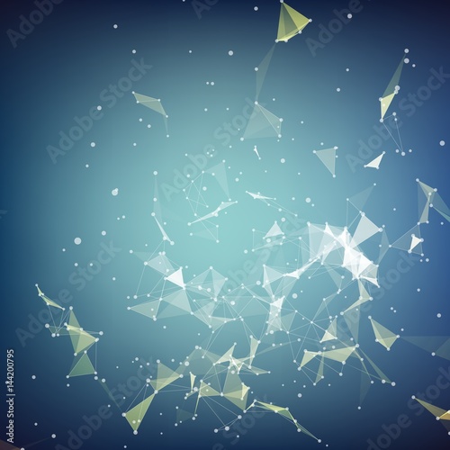 Abstract vector mesh background. Chaotically connected points and polygons flying in space. Flying debris. Futuristic technology style card. Lines  points  circles and planes. Futuristic design.