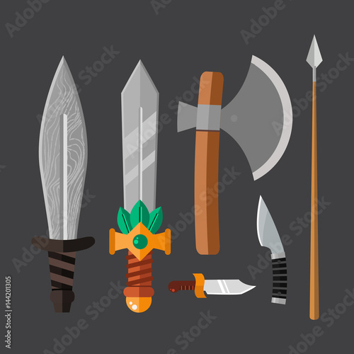 Knife weapon dangerous metallic vector illustration of sword spear edged set.