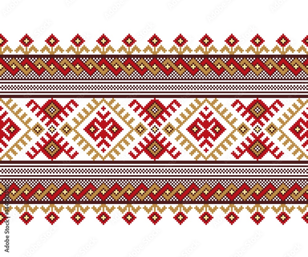 Vector illustration of Ukrainian folk seamless pattern ornament. Ethnic ornament. Border element. Traditional Ukrainian, Belarusian folk art knitted embroidery pattern - Vyshyvanka Vector illustration of Ukrainian folk seamless pattern ornament. Ethnic ornament. Border element. Traditional Ukrainian, Belarusian folk art knitted embroidery pattern - Vyshyvanka