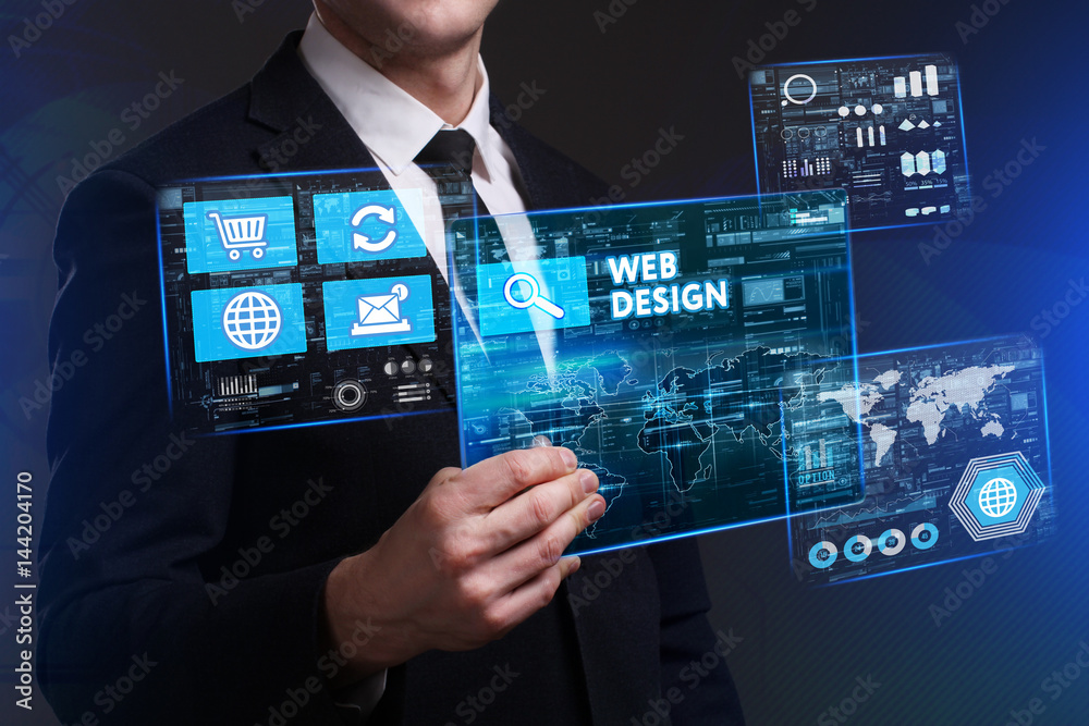 Business, Technology, Internet and network concept. Young businessman working on a virtual screen of the future and sees the inscription: Web design Business, Technology, Internet and network concept. Young businessman working on a virtual screen of the future and sees the inscription: Web design