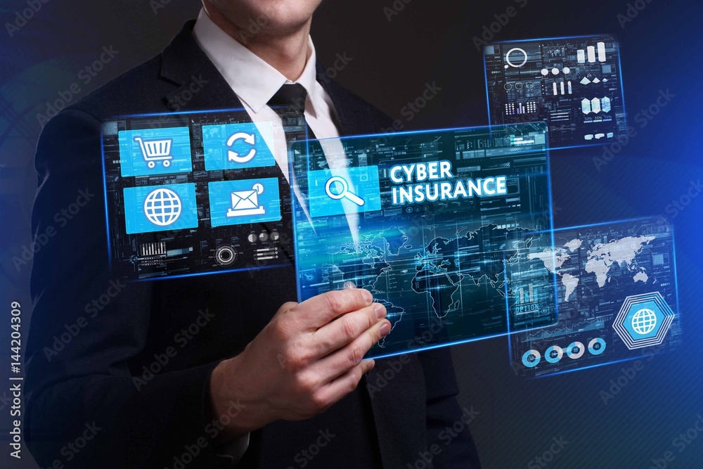 Obraz premium Business, Technology, Internet and network concept. Young businessman working on a virtual screen of the future and sees the inscription: Cyber insurance