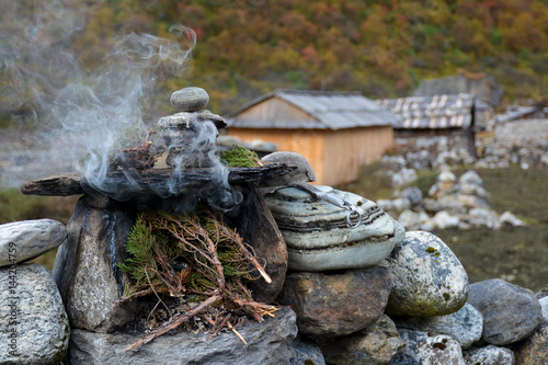 Burning juniper twigs - tibetian ritual tribute to the spirits for protection and good luck.