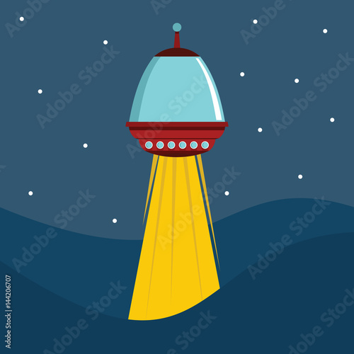 Flat cartoon vector illustration with ufo abduction on dark sky