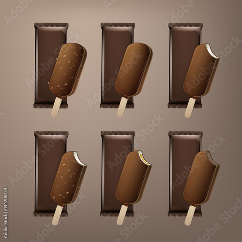 Vector Set of Bitten Popsicle Choc-ice Lollipop Ice Cream in Chocolate Glaze on Stick with Filling and Nuts with Brown Plastic Foil Wrapper for Branding Package Design Close up Isolated on Background