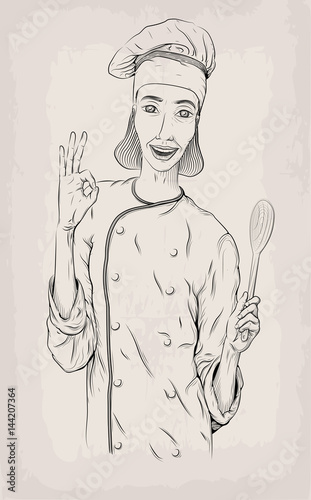 Woman girl person young cook chief-cooker chef worker happy smile show okay hand and hold spatula portrait. Vector close-up vertical beautiful black linear illustration isolated background