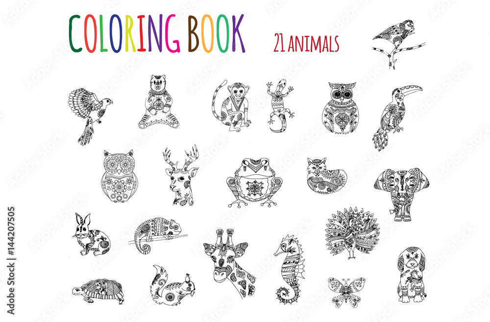 Fototapeta premium Animal draw book for antistress coloring