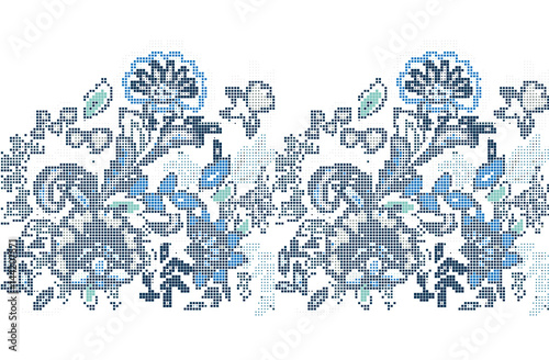 Template for cross stitch blue ethnic flowers. The vector embroidered flowers