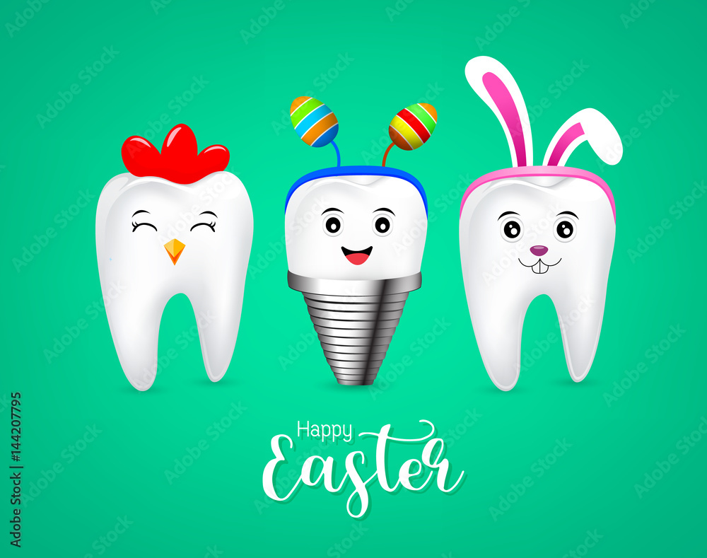 Cute tooth characters with rabbit ears decoration, hen tooth and implant. Happy Easter concept. illustration isolated on green background. Cute tooth characters with rabbit ears decoration, hen tooth and implant. Happy Easter concept. illustration isolated on green background.