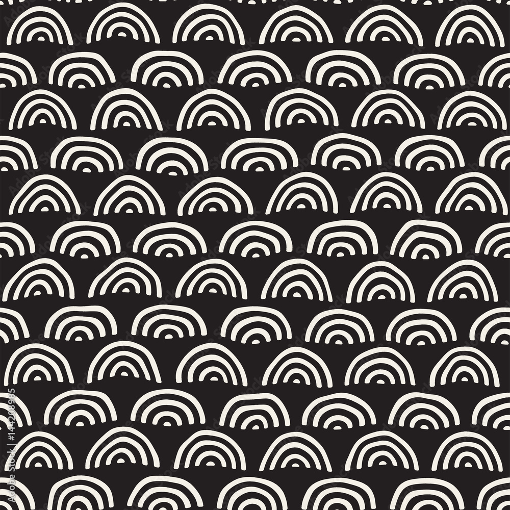 Monochrome minimalistic seamless pattern with arcs. Simple hand drawn texture. Vector background with rounded inky lines 