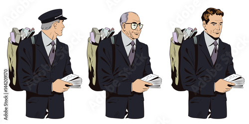 Postman with a bag of parcels and letters. Stock illustration.