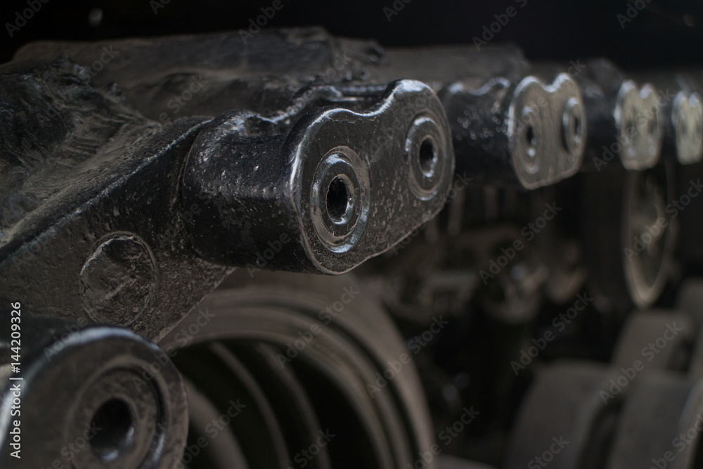 ECU shallow detail of tread links on captured US Army tank on display in Vietnam ECU shallow detail of tread links on captured US Army tank on display in Vietnam