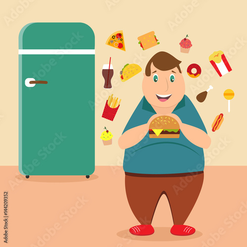 Illustration of the fat man eating unhealthy products