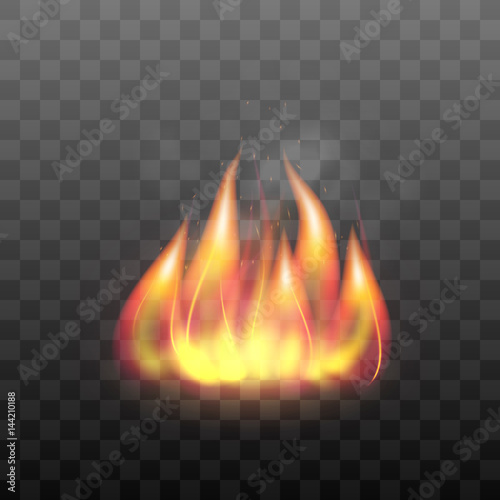 Realistic bright blazing campfire effect. Flaming bonfire, flame graphic design element. Vector illustration of fire isolated on black transparent background