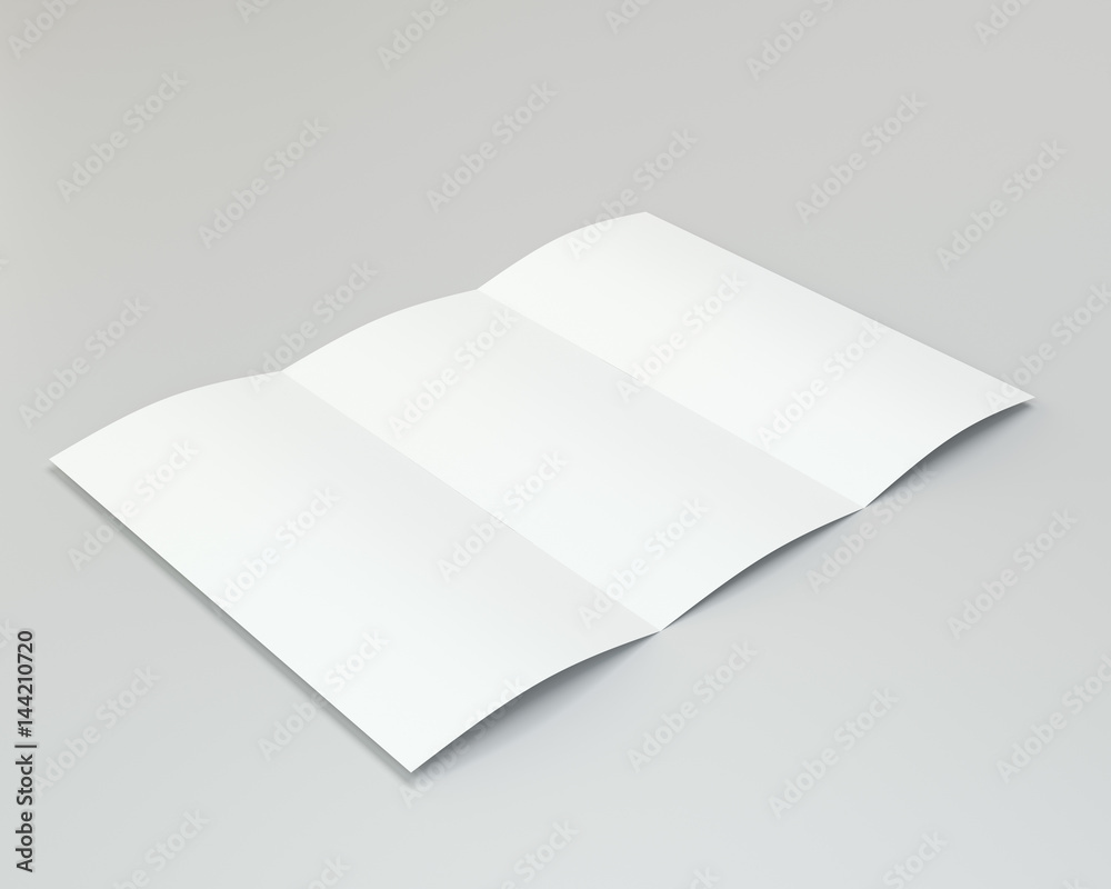 Blank folded leaflet white paper. 3d rendering. Gray background. Blank folded leaflet white paper. 3d rendering. Gray background.