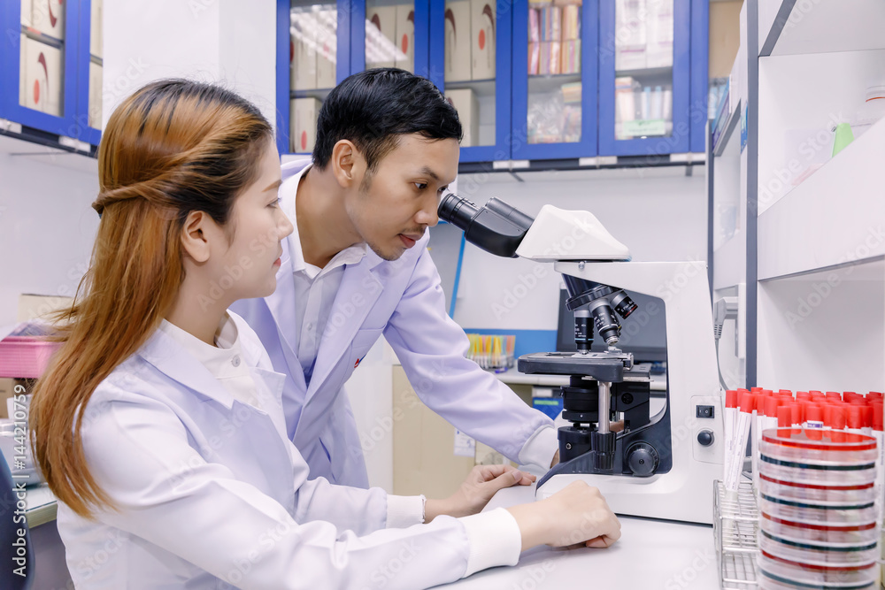 Scientist using a microscope in a laboratory.