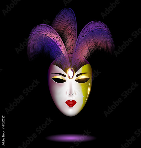 purple-white mask with feathers