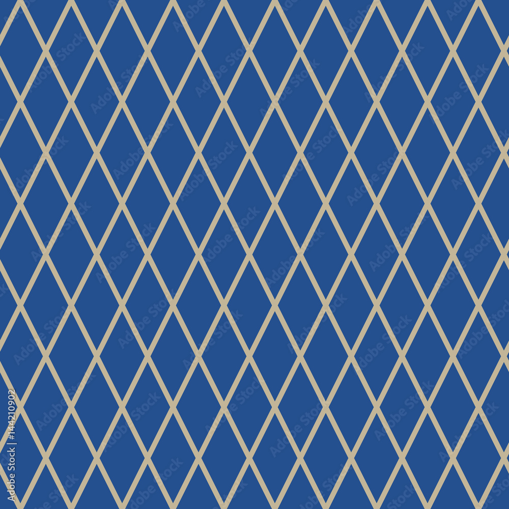 Fototapeta premium Seamless Pattern of Rhombus, Pattern for Fabric and Wrapping Paper, Gold Rhombus on Blue Background, Vector Illustration