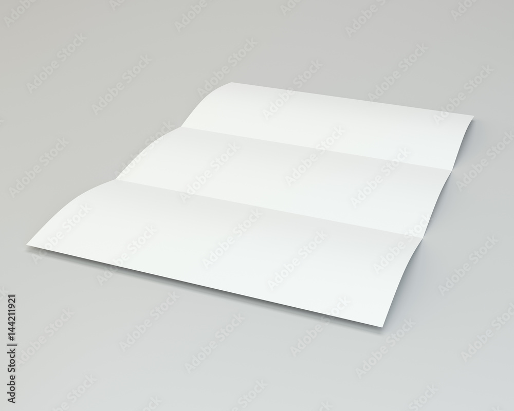 Blank folded white brochure. 3d rendering on gray background.