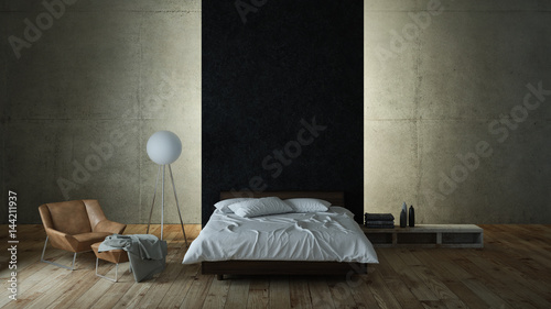 Tableau sur toile Modern bedroom with concrete wall and indirekt illumination