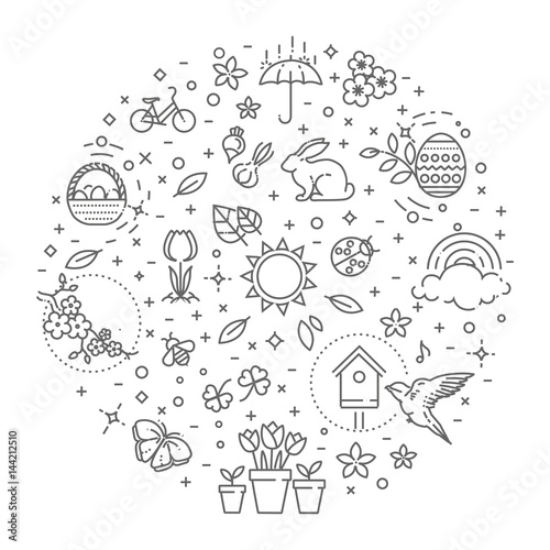 Spring icons set. Spring Garden, Flowers and Gardening Equipment. Flat Design Style