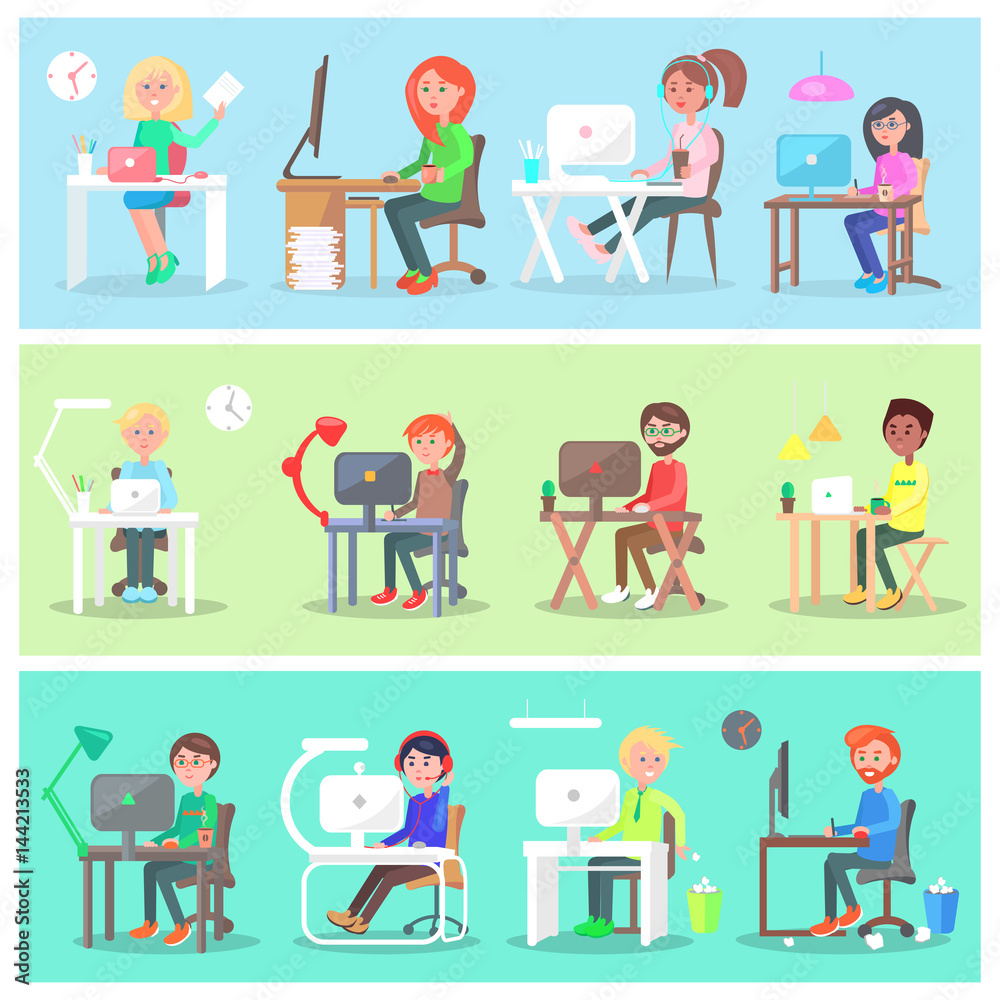 Employees in Office at Computer Illustrations Set