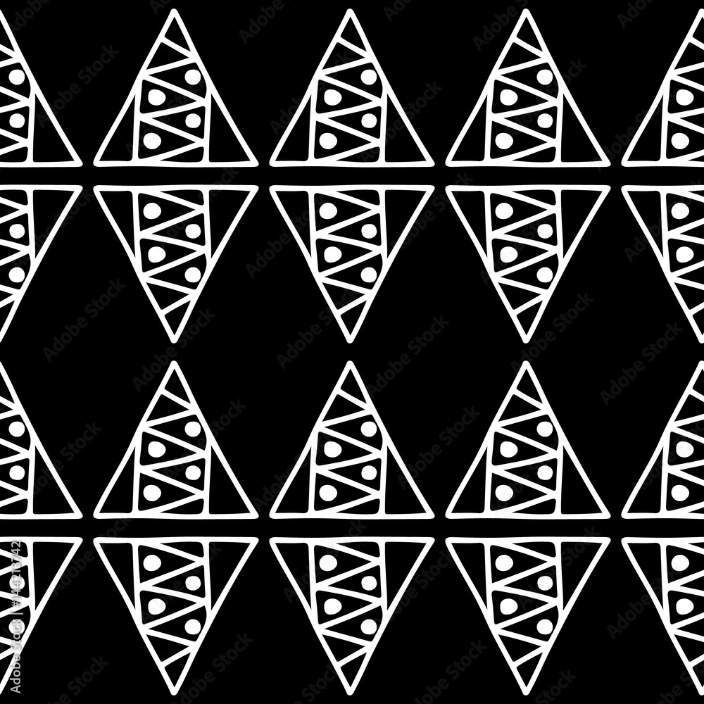 Fototapeta premium Seamless vector pattern. Black and white geometrical background with hand drawn decorative tribal elements. Print with ethnic, folk, traditional motifs. Graphic vector illustration.