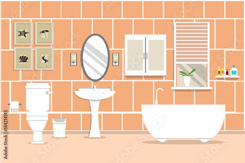 Bathroom with mirror, sink, toilet, bathtub, window, display. illustration flat
