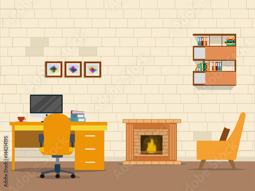 Fireplace with computer, coffeewith sofa with display with other things. illustration flat