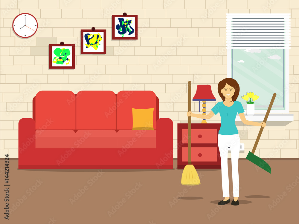 Girl sweeping in home with other things. illustration flat