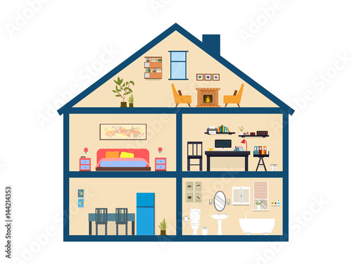 House inside fireplace, bedroom, workplace, eat room, bathroom. illustration flat