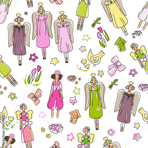 Dolls and angels, flowers and bows. Seamless vector pattern. Children's theme. Limited color palette. Ornament for printing fabrics, textiles, wrapping paper. Drawing.