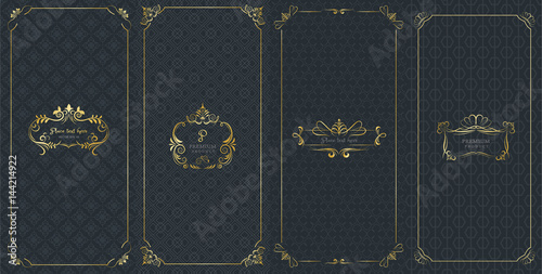 Collection of design elements, labels,icon and frames for packaging and design of luxury products.Made with golden foil Isolated on black background. vector illustration