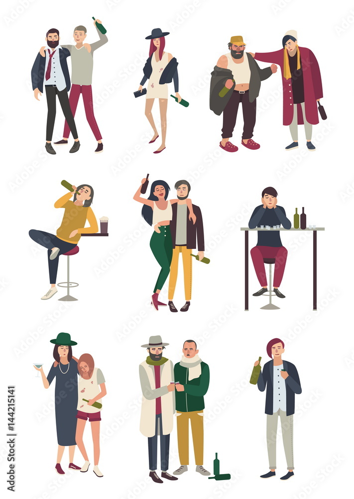 Drunk people in various situation. Flat characters set. woman and man, girl and boy on white background.