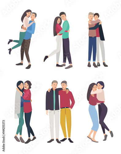 happy friends hug set. guys and girls cuddling, colorful flat illustration.