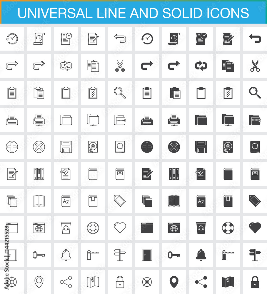 Universal line and solid icons set, outline and filled vector symbol collection, linear and full pictogram pack. Signs, logo illustration. Set includes icons as history, search, save, cut, form, book Universal line and solid icons set, outline and filled vector symbol collection, linear and full pictogram pack. Signs, logo illustration. Set includes icons as history, search, save, cut, form, book