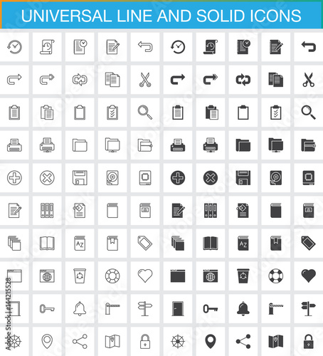 Universal line and solid icons set, outline and filled vector symbol collection, linear and full pictogram pack. Signs, logo illustration. Set includes icons as history, search, save, cut, form, book