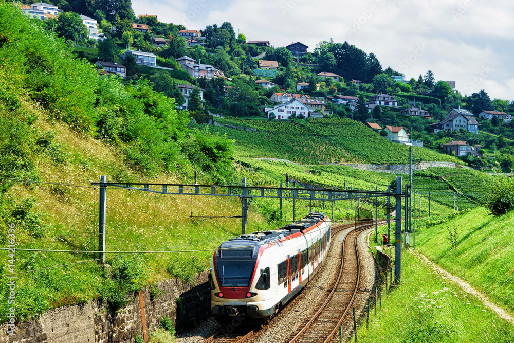 Naklejka premium Train at railroad on Lavaux Vineyard Terraces