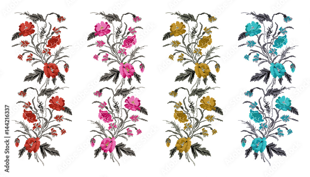 Set. Color bouquet of flowers (poppies,ears of wheat and cornflowers).Ukrainian embroidery elements. Hand made. Border pattern. Can be used as pixel-art. Set. Color bouquet of flowers (poppies,ears of wheat and cornflowers).Ukrainian embroidery elements. Hand made. Border pattern. Can be used as pixel-art.