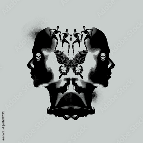 The human mind, thinking and emotional abstract illustration with dark ink stains.